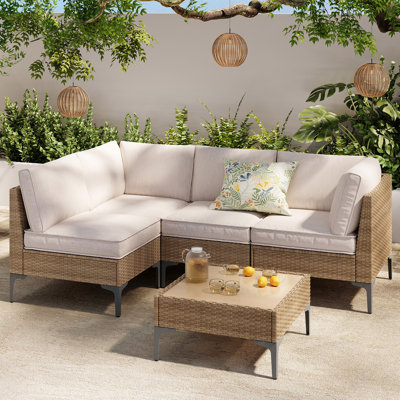 Patio Furniture Set, Outdoor Wicker Sectional Sofa with Coffee Table, Anti-Slip & Thick All-Weather Cushions for Garden, Poolside, Backyard, Beige by Wrought Studio