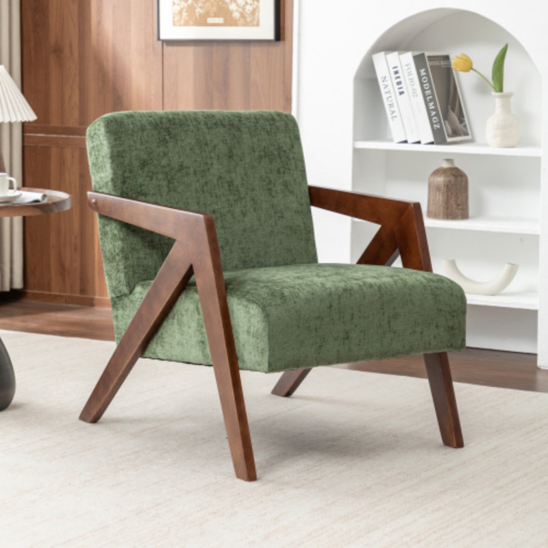 Fauteuil d'appoint en chenille verte, monobloc, style moderne du milieu du siècle, mousse haute densité, structure en bois d'hévéa, accoudoirs incurvés