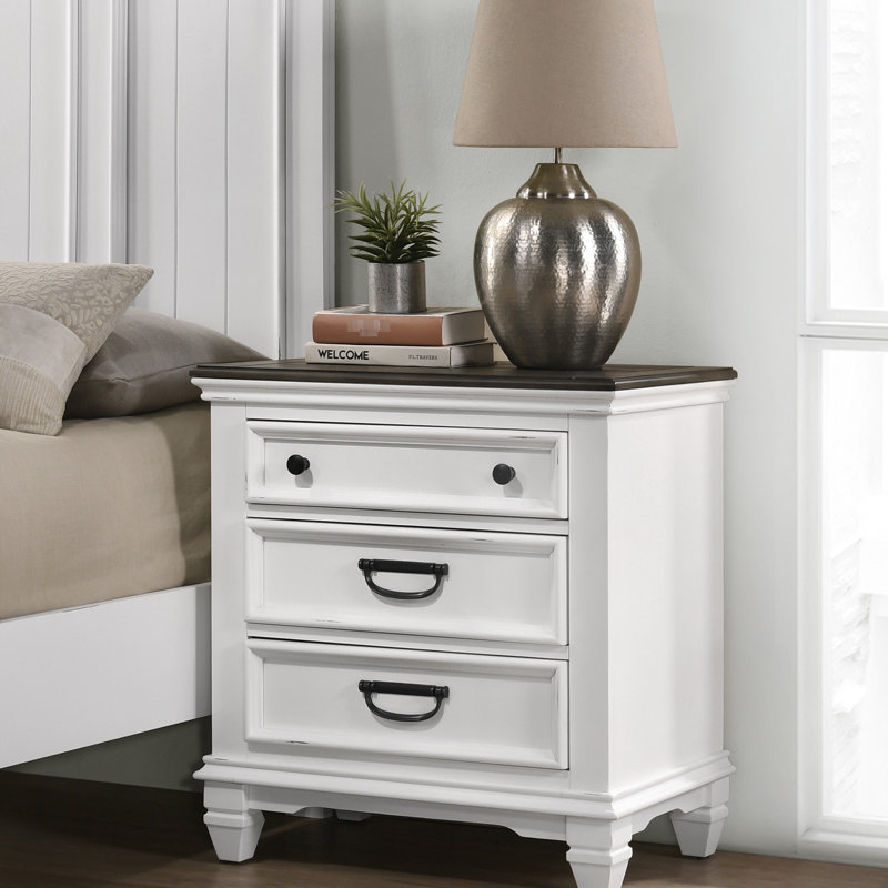 Table de chevet 3 en blanc vieilli et gris, tiroir lisse gris - style moderne