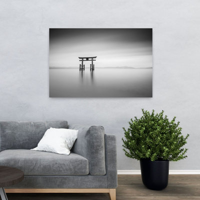 Serene Lake Torii Gate Elegant Minimalist Peaceful Architecture Landscape Wall Art