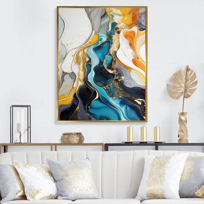 «Blue» et «Yellow Ink Ink Abstraction Harmony I», art mural abstrait à encre liquide, Cadre flottant doré