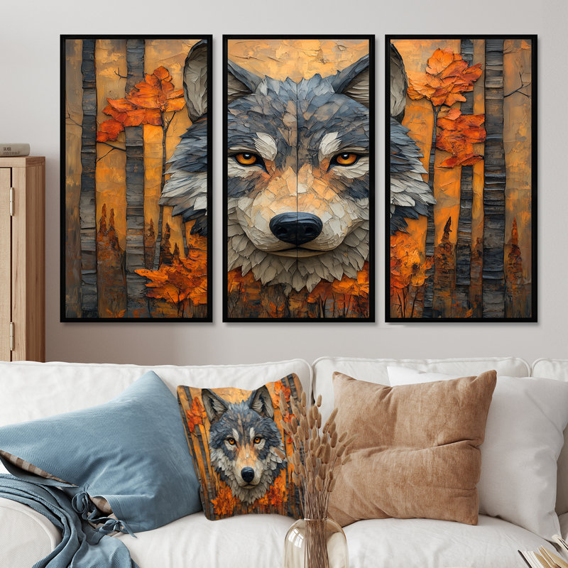 «Orange Native Wolf and Forest II - Native American Art Totem», reproduction d'art, H 28 po x l 36 po x P 1 po