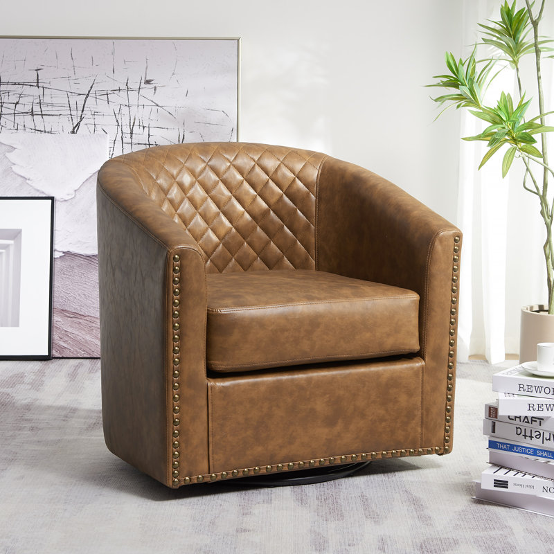 Boney 29" Wide Tufted Faux Leather Barrel Small Swivel Chair, Coffee Faux Leather