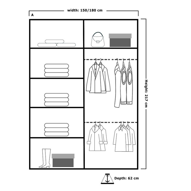 2 Door Sliding Wardrobe, Grey, 217cm H x 180cm W x 62cm D