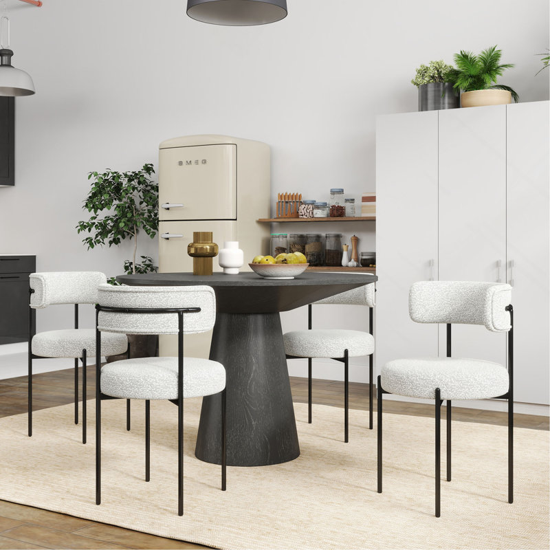 Ensemble de salle à manger rond 5 pièces, table de salle à manger à piédestal avec 4 fauteuils bouclés, Noir/gris