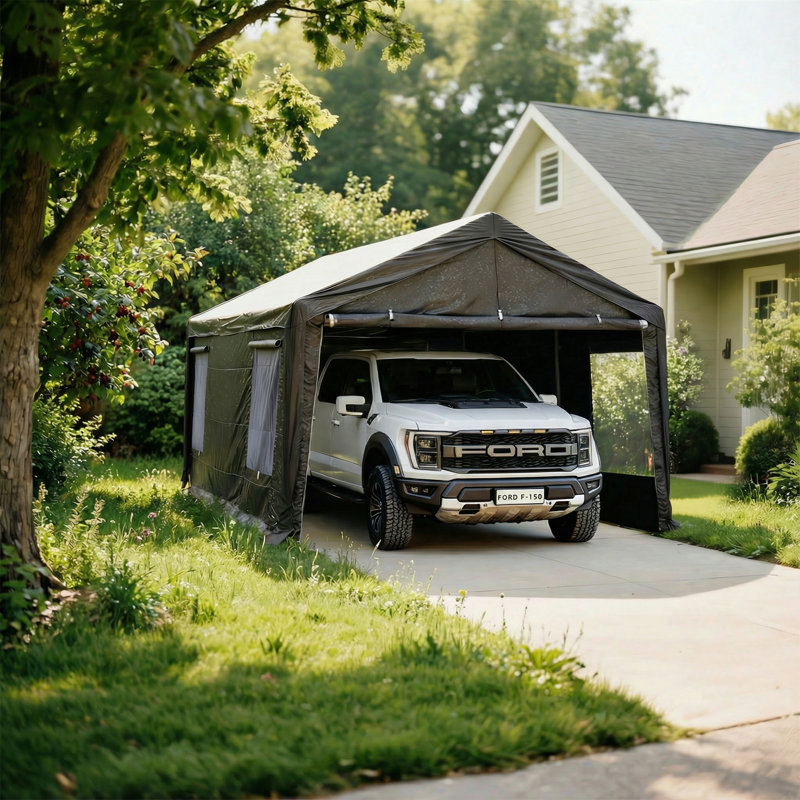 Car Ports, 10X20 Ft Heavy-Duty Carports With Roll-Up Windows, Portable Garages With Removable Side Walls And Doors, Trucks And Cars With All-Season Waterproof Pe Tarps