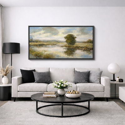 «Peaceful Countryside River», œuvre d'art de paysage rustique prairie, impression sur toile encadrée