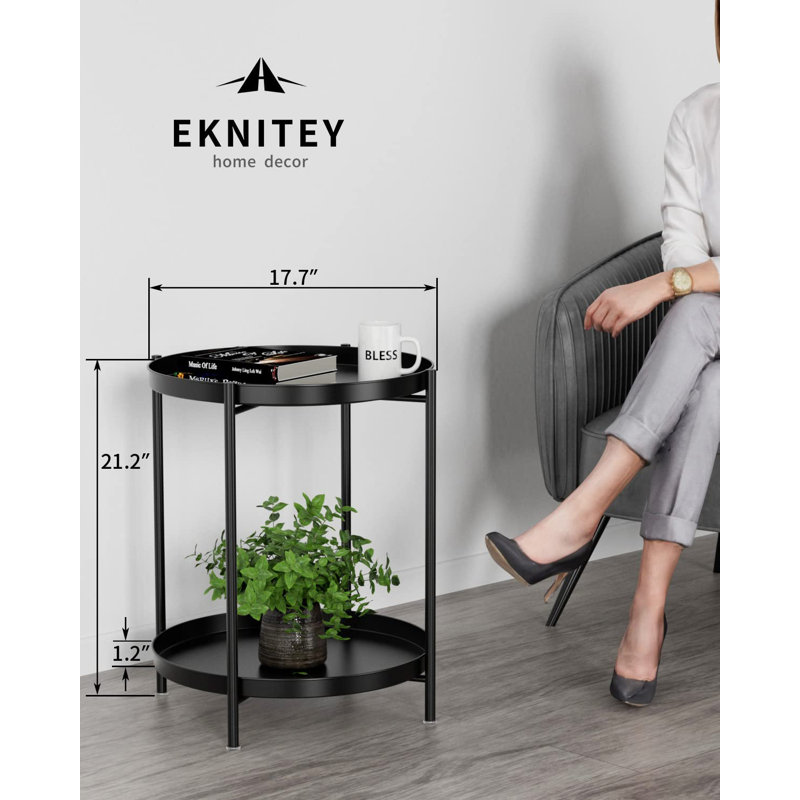 2-Tier Metal End Table With Removable Tray, Waterproof Side Table For Indoor & Outdoor Use, Small Sofa Coffee Table For Living Room, Bedroom, Balcony, Office & Patio.black