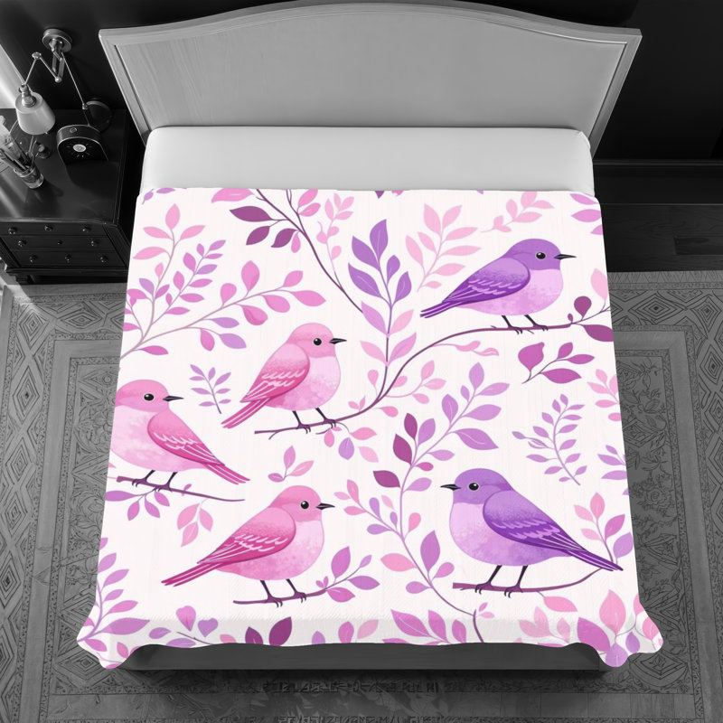Couvre-lit fin matelassé à motif d'oiseaux sur des branches, Double, Rose clair / mauve moyen