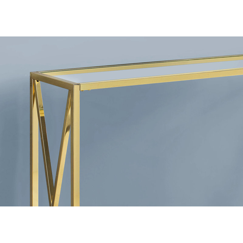 Console de salon moderne avec plateau en verre transparent épais et base en métal doré poli, base décorative contemporaine de style propre pour la chambre à coucher, la chambre et le vestibule