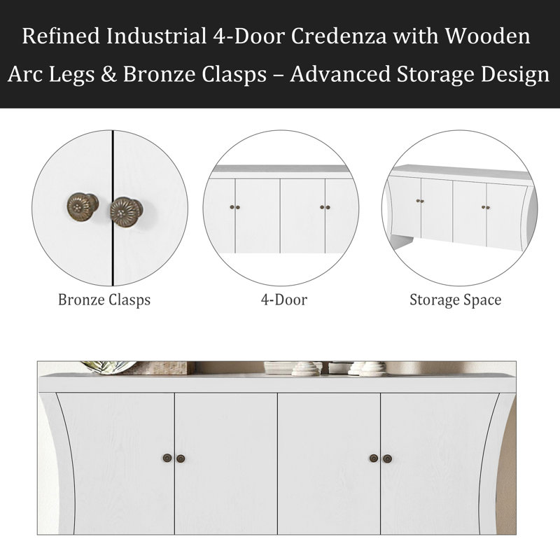 Refined Industrial 4-Door Credenza With Wooden Arc Legs & Bronze Clasps – Advanced Storage Design, Solid Craftsmanship, White