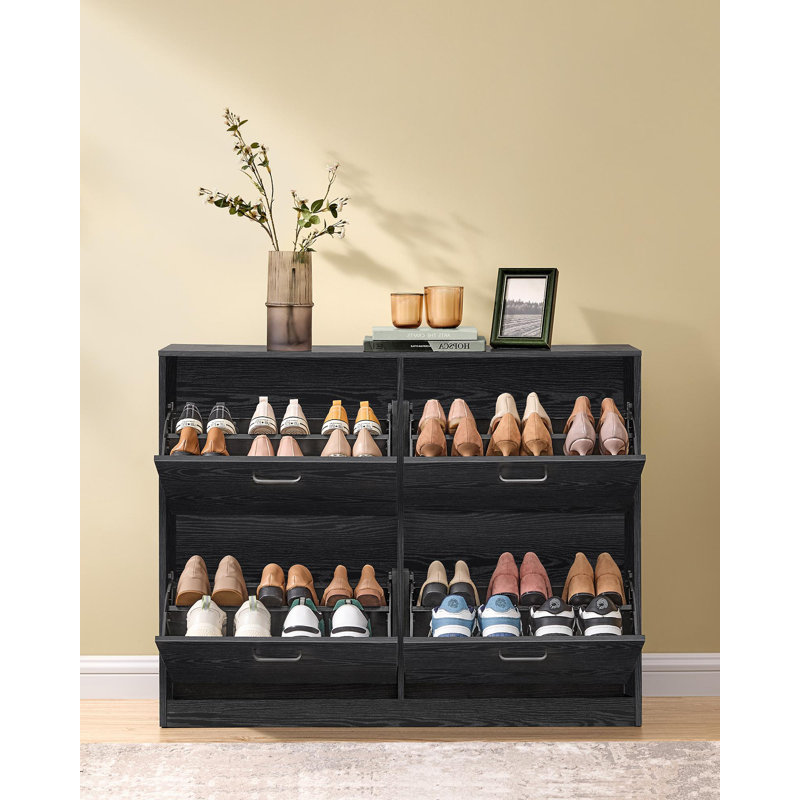 24 Pairs Shoe Cabinet with 4 Flip Drawers, Adjustable and Removable Dividers, Ebony Black