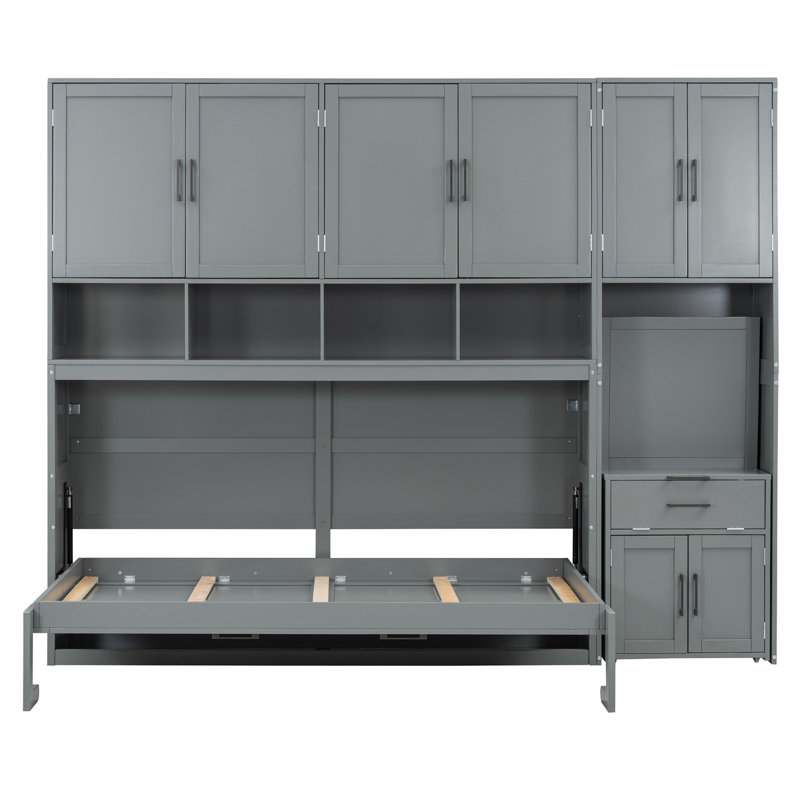 Murphy Bed With Desk, Cabinet And Bookcase, Gray