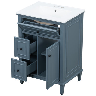24" Bathroom Vanity With Sink, Small Bathroom Cabinet With Flip Drawer & 2 Drawers, Solid Wood & MDF Vanity With Adjustable Shelf (Faucet Not Included)