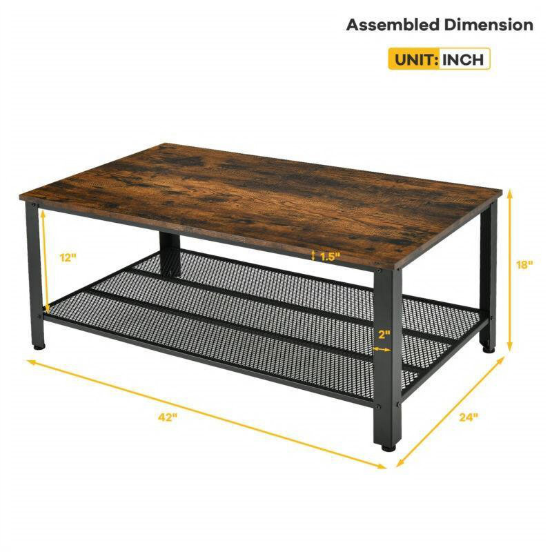 Table basse Console avec tablette de rangement et structure en métal aspect bois brun, H 18 po x L 42 po x l 24 po