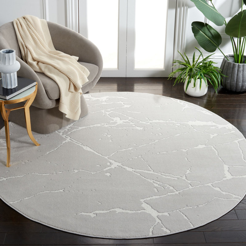 Tapis gris / ivoire en polypropylène tissé à la machine Datid, Rond 6 pi 7 po