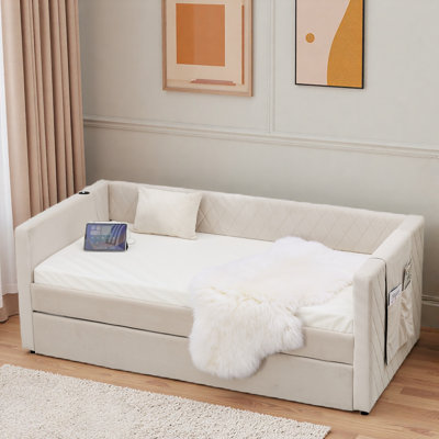 Diamond Grid Velvet Daybed With Usb Charging, Side Pocket And Trundle