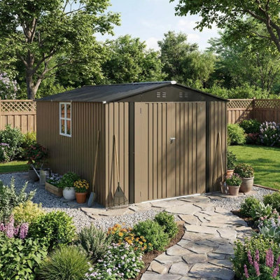 10 ft. W x 12 ft. D Outdoor Metal Storage Shed with Window & Double Door, Brown