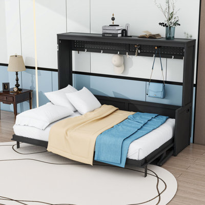 Wood Murphy Bed with Built-in Desk and USB Charging Station, LED Lights