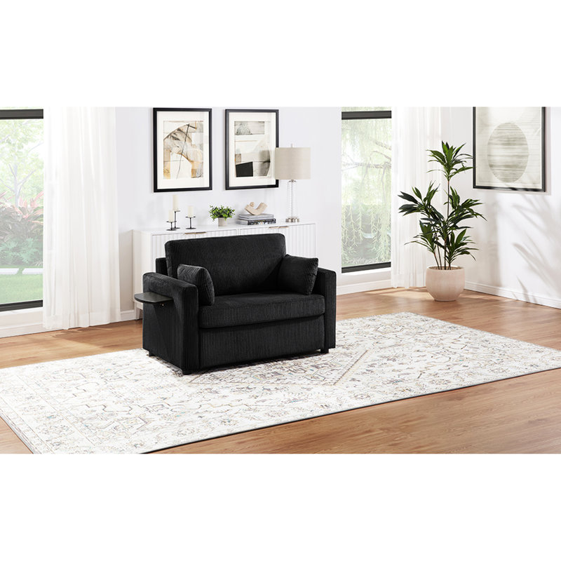 Canapé-lit simple de 47,2 po avec fonction de lit escamotable, table d'appoint pliable sur accoudoirs pour ordinateur portable, accoudoir droit pour ports, petits objets de rangement, coussins lombaires confortables, dortoir en velours côtelé ultra doux