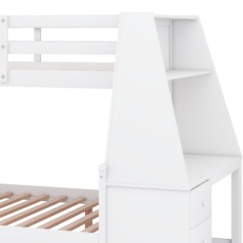 Solid Wood  Floor Bunk Beds With Trundle ,Built-In Desk, Three Storage Drawers And Shelf, White