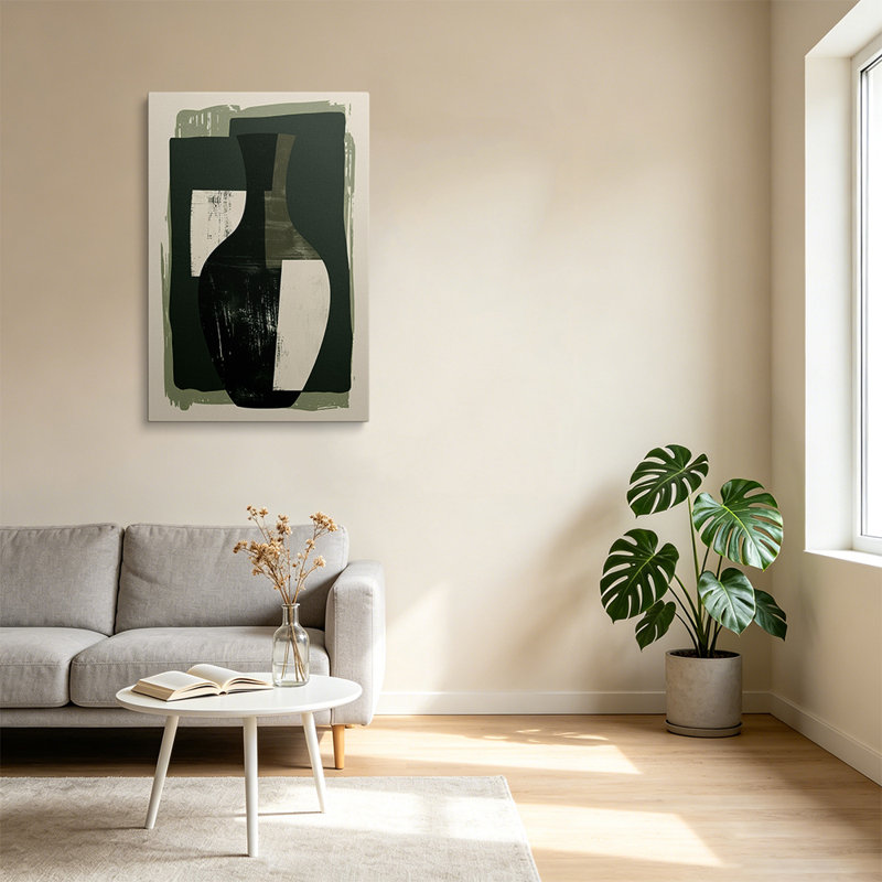 Tableau abstrait vert foncé sur toile, style minimaliste moderne du milieu du siècle, 40 x 28 pouces - Décoration de salon