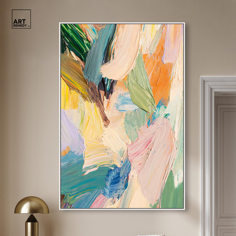 Surge chromatique I, toile abstraite colorée par Art Remedy, H 55 po x l 37 po, Cadre flottant blanc