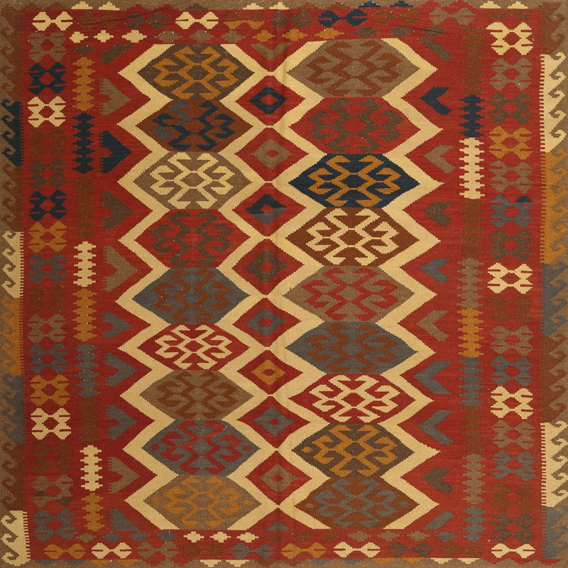 Tapis brun/rouge pourpre/zone noire, Carré 8 pi x 8 pi