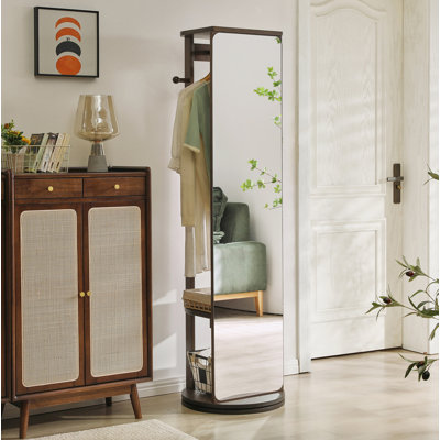 Armoire à miroir pleine grandeur en bois d'hévéa massif, armoire à bijoux autoportante avec crochets et tablettes multifonctionnels pour la chambre à coucher et le placard