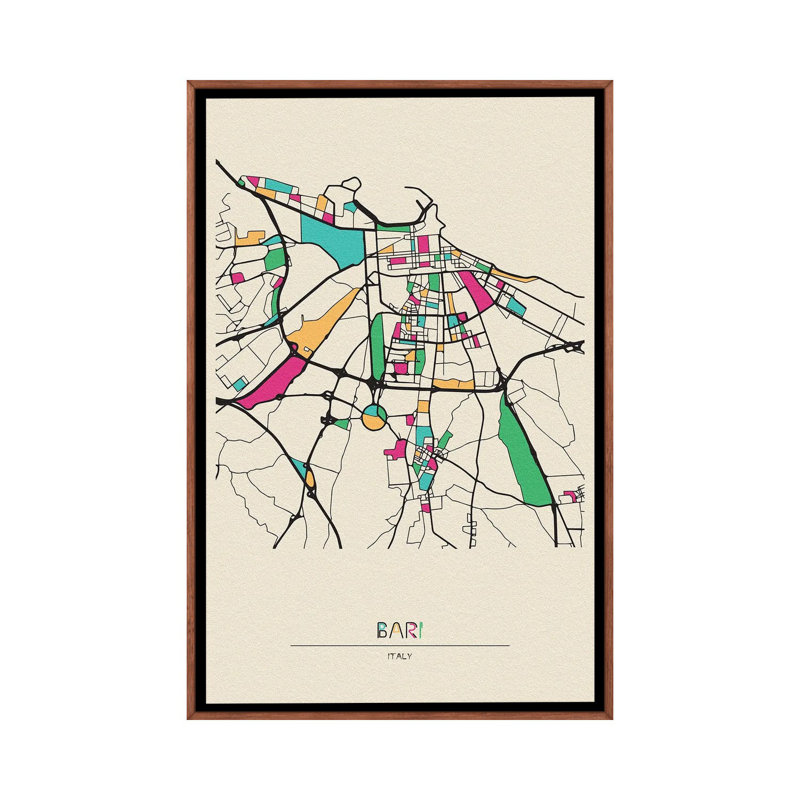 Bari, Italy Map 1 Piece Wall Art on Canvas, 66.04 cm H x 45.72 cm W, Brown Floater Frame