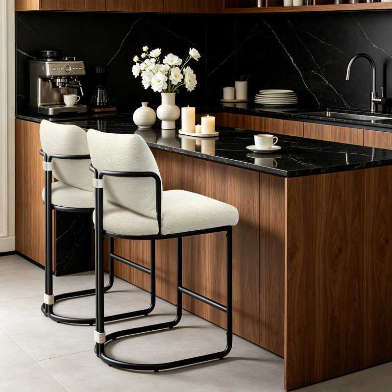 Cindina 26'' Chenille Counter Stools With Backrest & Metal Frame, Modern Upholstered Bar Chairs For Kitchen Island, Beige