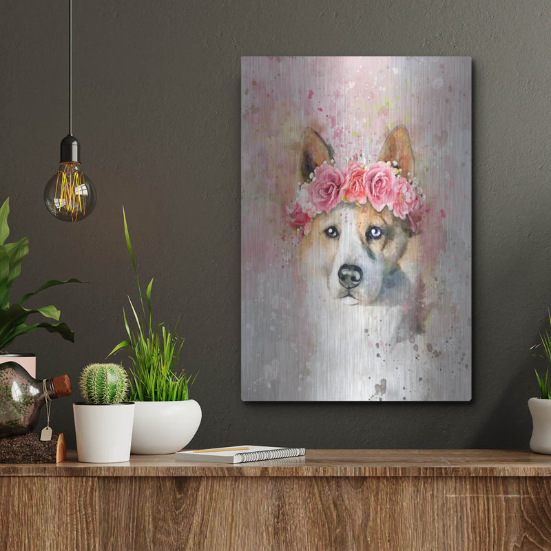 Art mural en métal Red Barrel Studio® «Flower Crown Akita» par Furbaby Affiliates, H 16 po x l 12 po