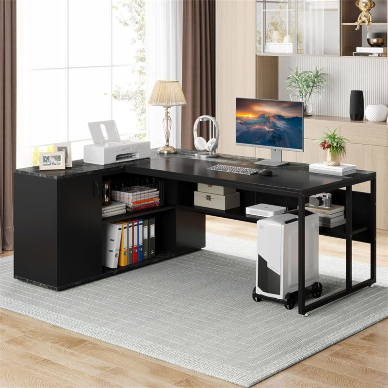 Bureau de direction en L 71 po avec armoire de rangement et tablettes, grand bureau d'ordinateur industriel, poste de travail professionnel avec meuble pour imprimante et support pour unité centrale, noir