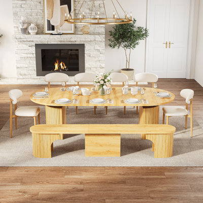 Banc ovale extensible, réglable de 100 à 240 cm, en bois veiné avec détails cannelés et rangement intégré