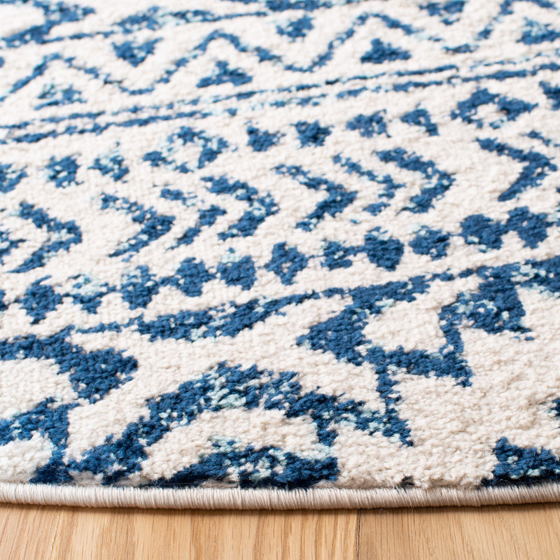 Tapis ivoire / bleu marine à motif géométrique Cobos, Rond 5 pi