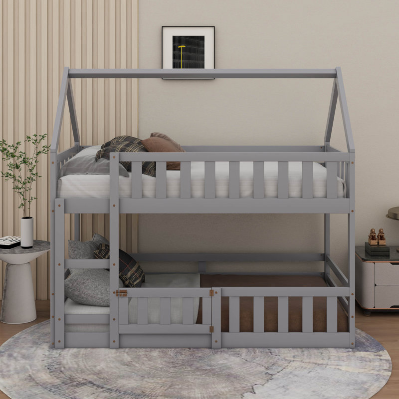 Twin Over Twin House Bunk Bed With Fence, Gray