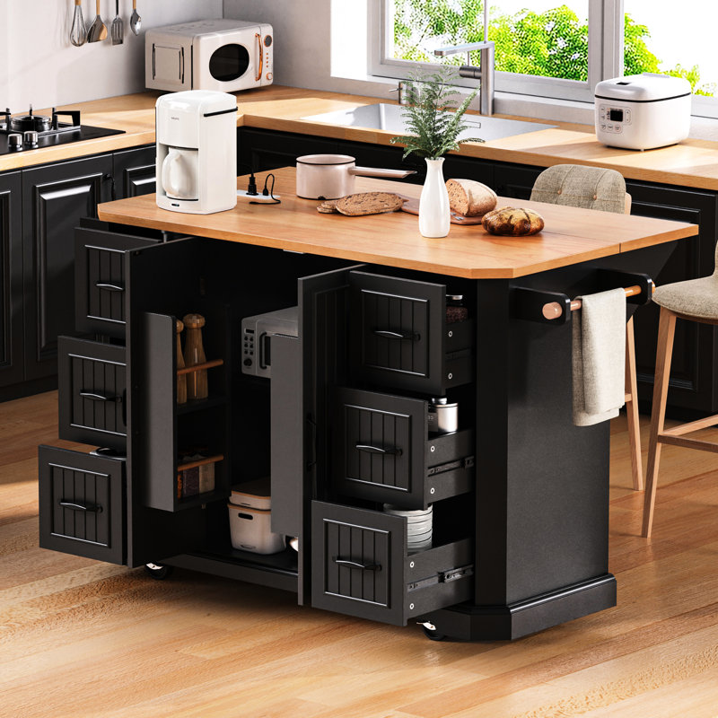 Large Storage Kitchen Island With Drop Leaf & 6 Drawers Black 4 Internal