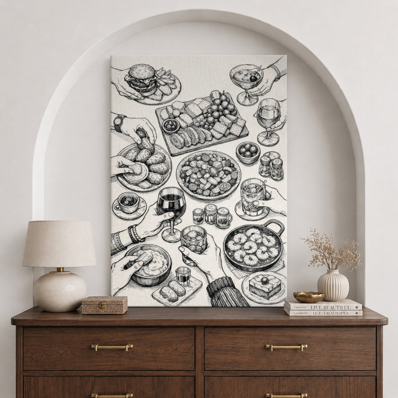 Noir et blanc, art de la ligne de la fête, images de la salle à manger, impression sur toile encadrée, 24" H x 16" W x 1.5" D