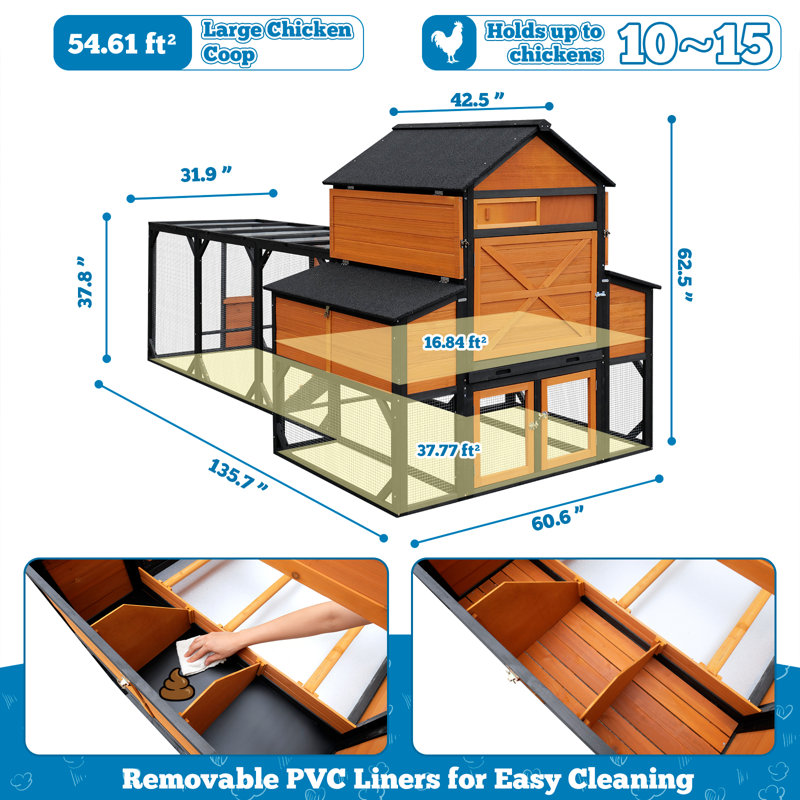 Très grand poulailler de 135 po avec doublure en PVC et enclos pour 10 à 15 poules, H 136 po x l 136 po x P 61 po