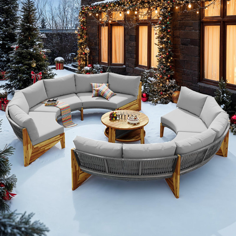 All-Weather Circle 6-Seat Outdoor Sectional Sets with Acacia Table, Gray