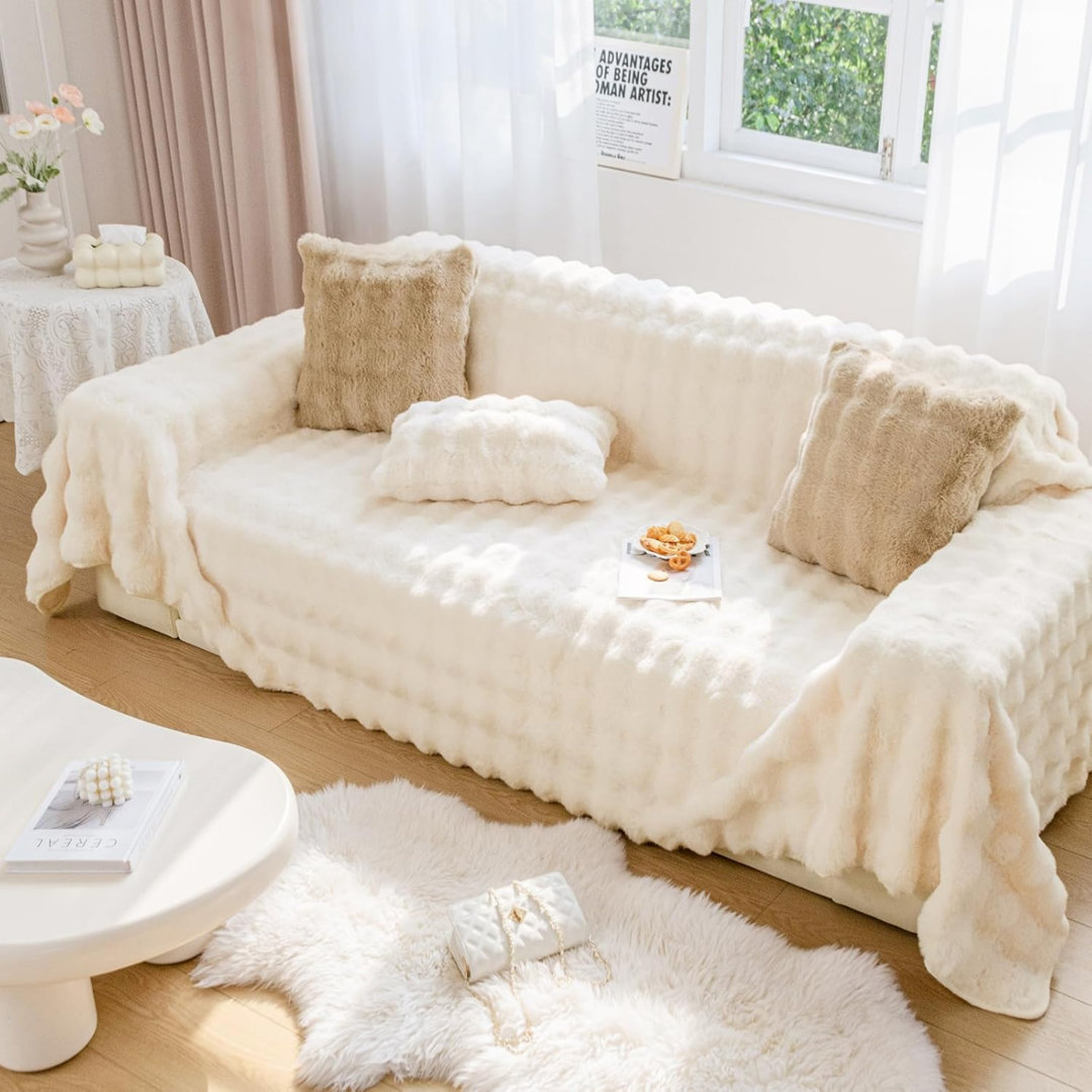 Rabbit Plush Sofa Cover 3 Seater, Corner Couch Cover L Shape White, 180 x 300cm