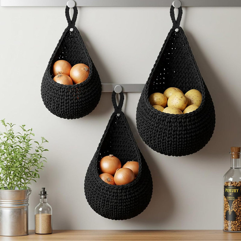 Ensemble de 3 paniers muraux suspendus pour la cuisine Boho Decor, H 3,9 po x l 3,9 po x P 13 po, Noir