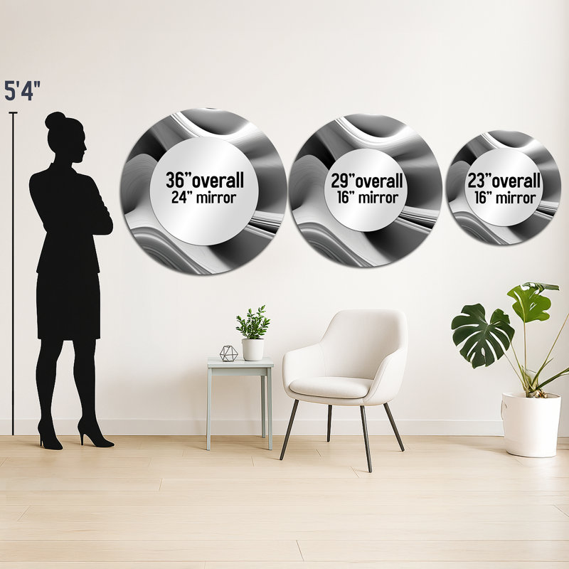 Planchard White Black Infinite Ripples - Waves Wall Mirror, White Round Decorative Mirror, Printed Metal Art, 29" x 29"