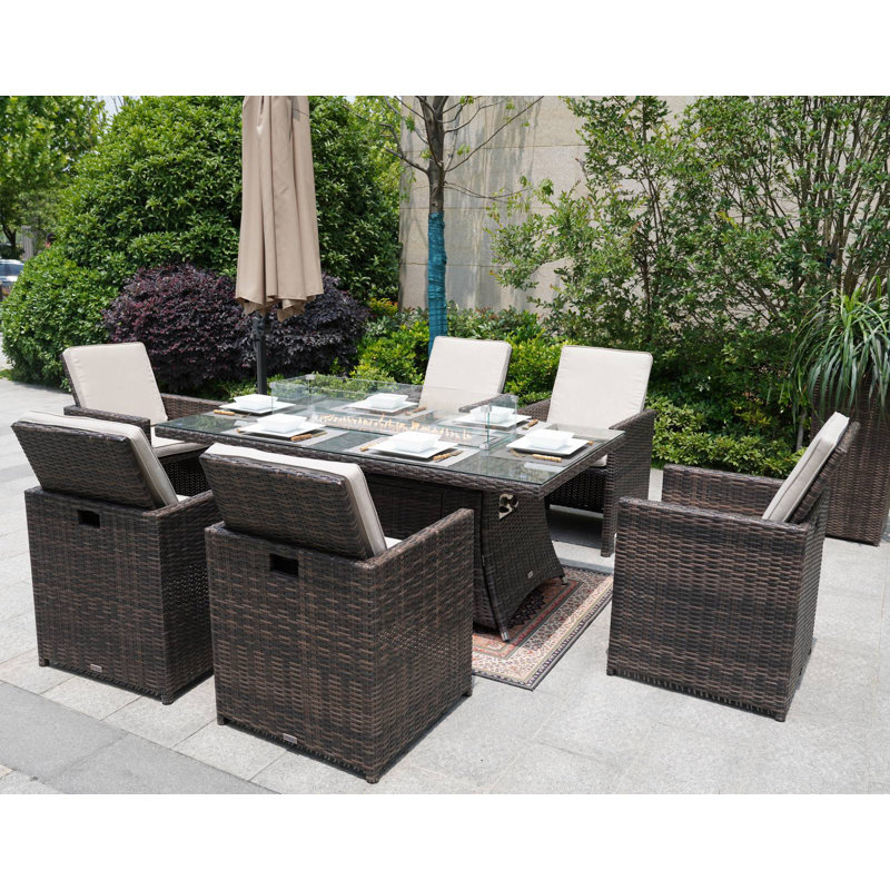 Ensemble de table de foyer d'extérieur long avec coussins 71 "pour personnes 71" avec coussins Aerolyn, Crème, Brun