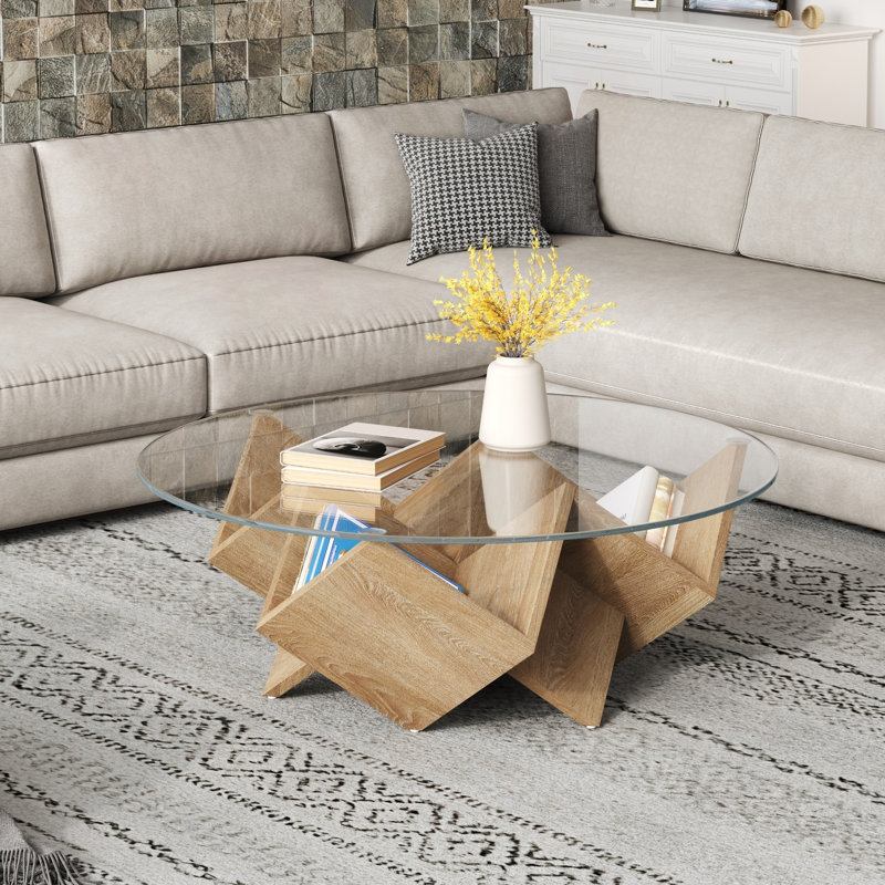 Table basse 35,4 "ronde en verre avec base de rangement géométrique Art Déco, Transparent / Natural