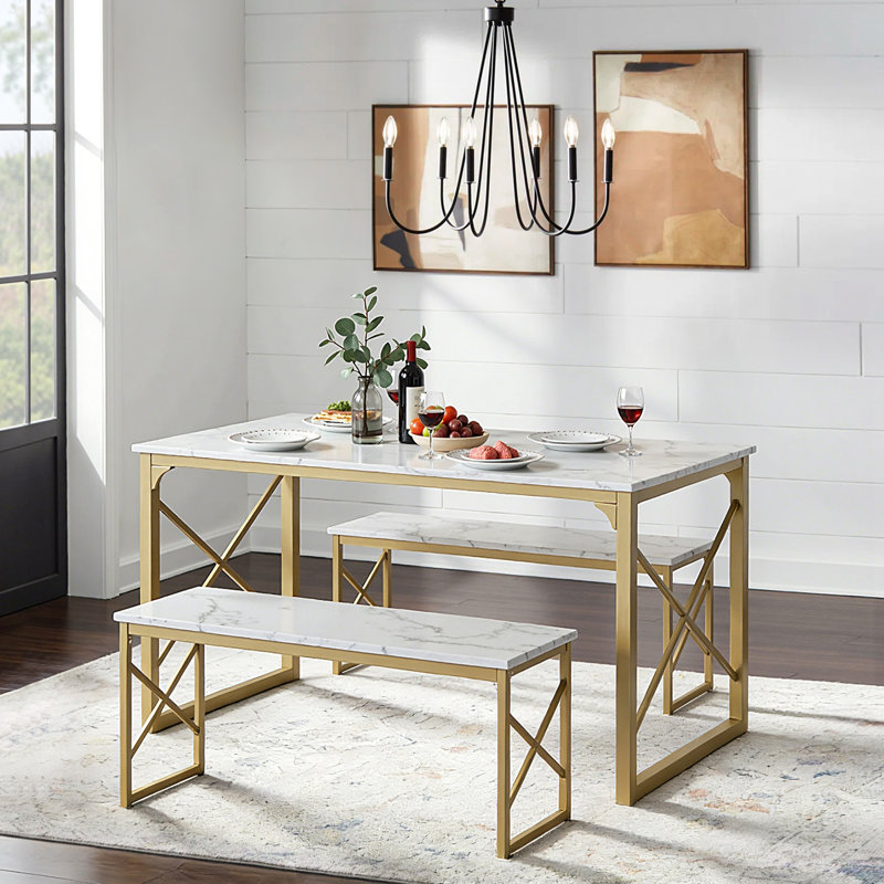 Aithan 3-Piece 43.3 Inch Gold Dining Table Set with Benches, Rustic Kitchen Table Set for Small Spaces, Modern Farmhouse Dining Set with Bench for Kitchen & Dining Room