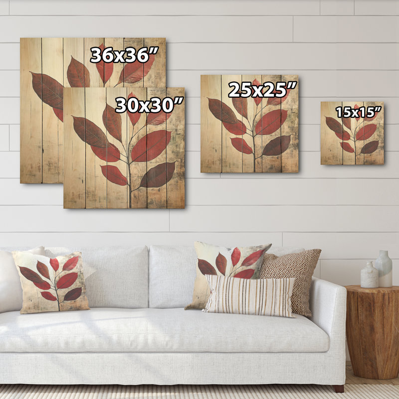 Bordeaux, feuille audacieuse - feuilles, art mural sur bois de pin naturel, H 25 po x l 25 po