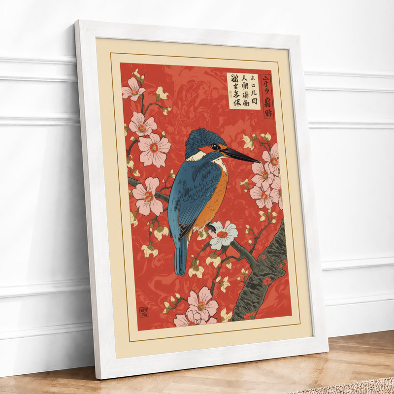 Kingfisher and Plum Blossoms Japandi - Framed Print, A1 - 84.1 x 59.4 cm, White
