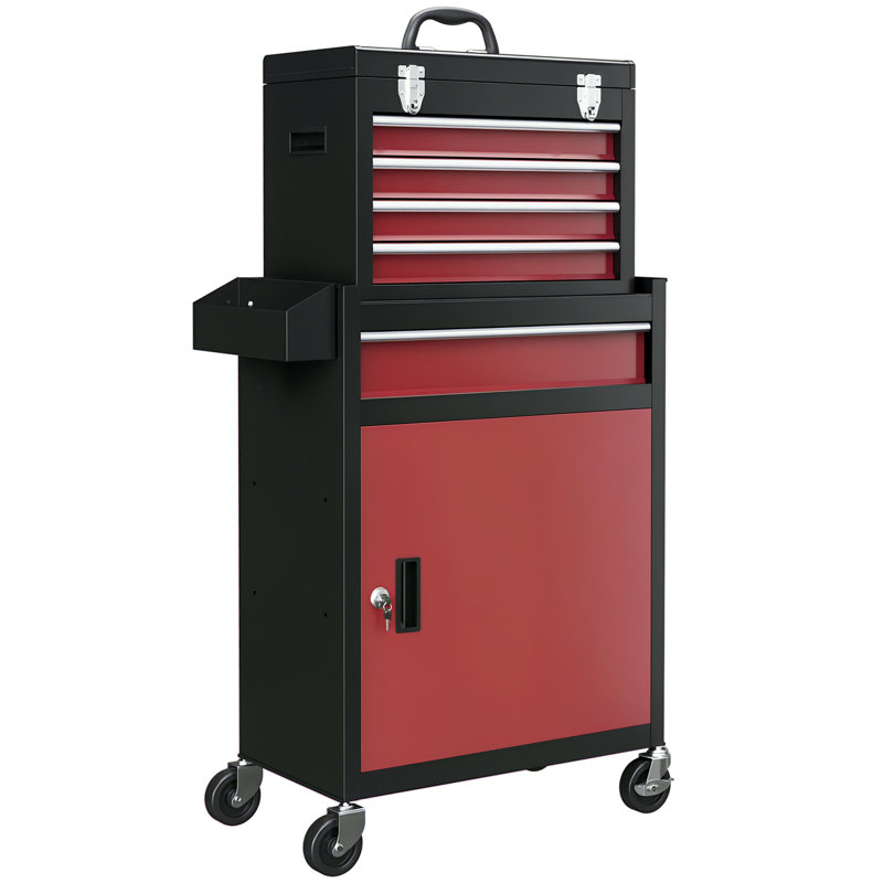 HOMCOM Tool Cabinet on Wheels with 5 Drawers Top Tool Chest Roller Cabinet Combo