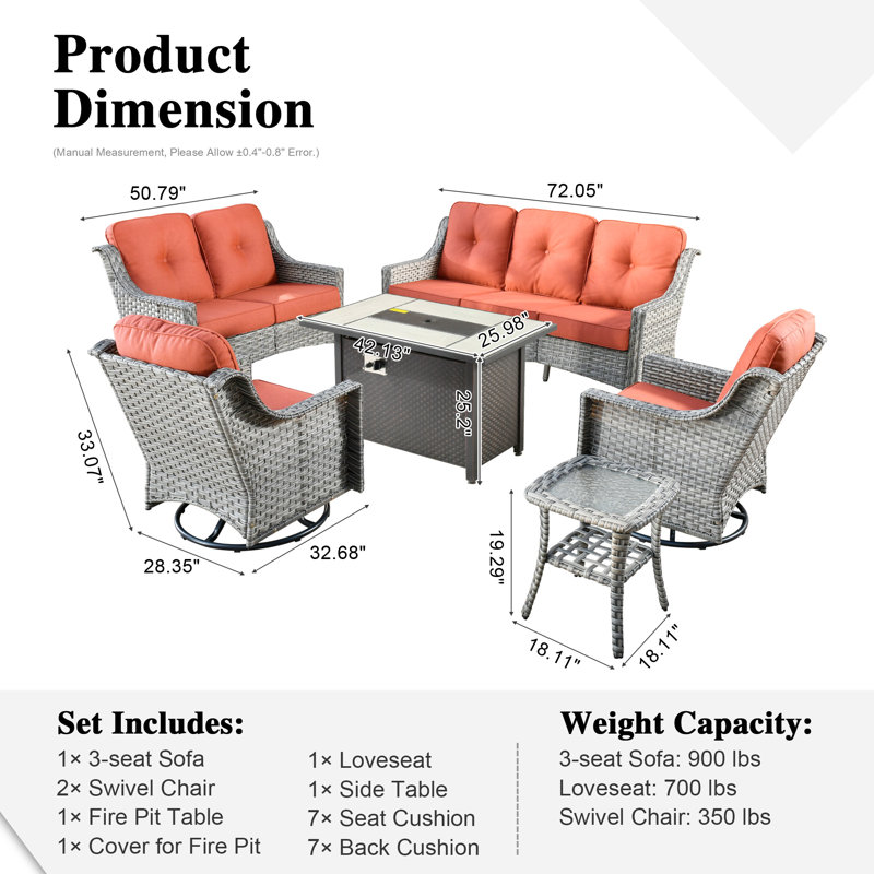 Demariea Outdoor Wicker 7 Person Seating Group With Fire Pit Table With Rocking And Swivel Chairs, Red